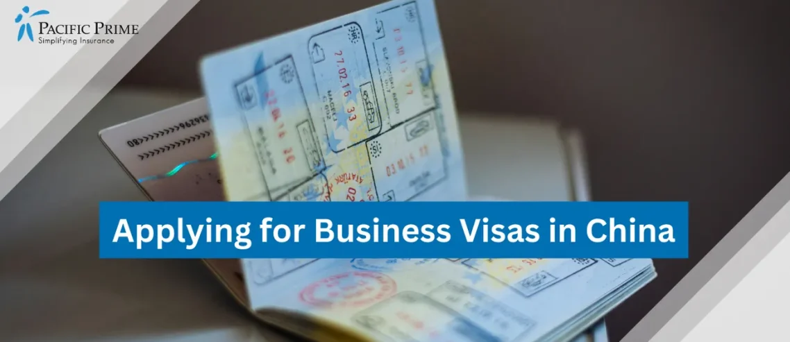 Image of A Passport With A Business Visa Seal On A Table with text overlay of "Applying for Business Visas in China"