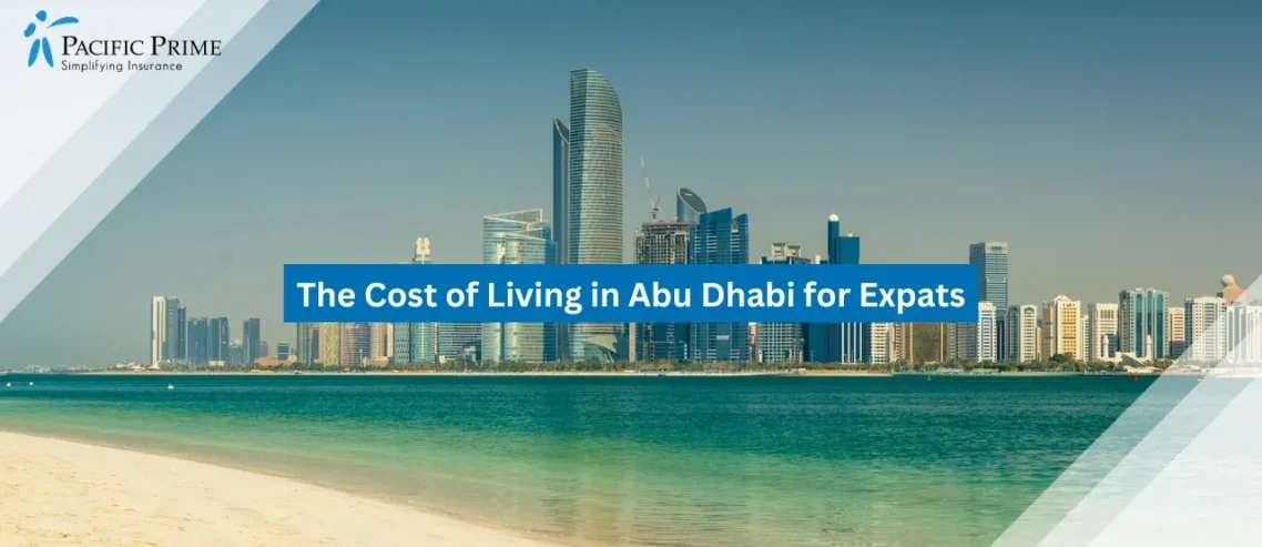 Image of Abu Dhabi Skyline With Modern Skyscrapers with text overlay of "The Cost of Living in Abu Dhabi for Expats"