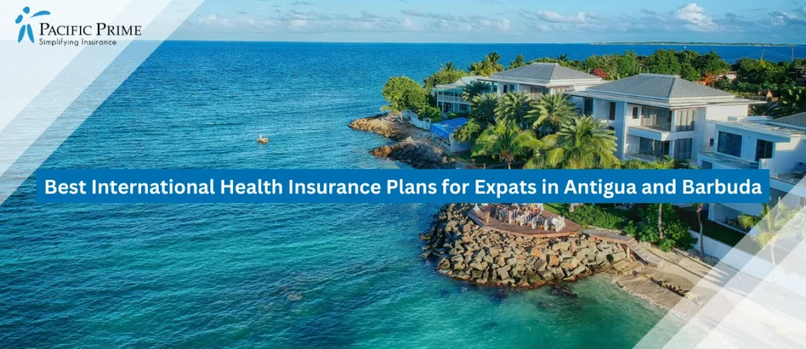 Image of Aerial Drone Shot Of A Beach Resort Wedding, Saint John, Antigua And Barbuda with text overlay of "Best International Health Insurance Plans for Expats in Antigua and Barbuda"