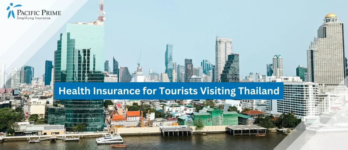 Image of Aerial View Of Bangkok Skyline With Skyscrapers And Chao Phraya River with text overlay of "Health Insurance for Tourists Visiting Thailand"
