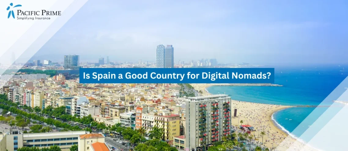 Image of Aerial View Of Barcelona City Skyline Near The Beach with text overlay of "Is Spain a Good Country for Digital Nomads?"