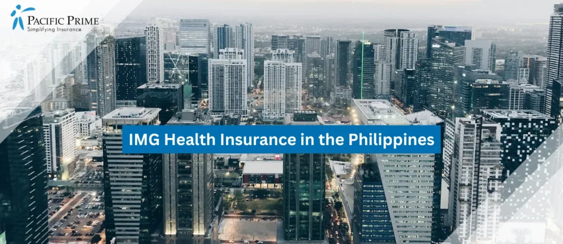 Image of Aerial View Of Bonifacio Global City Skyline During Daytime with text overlay of "IMG Health Insurance in the Philippines"