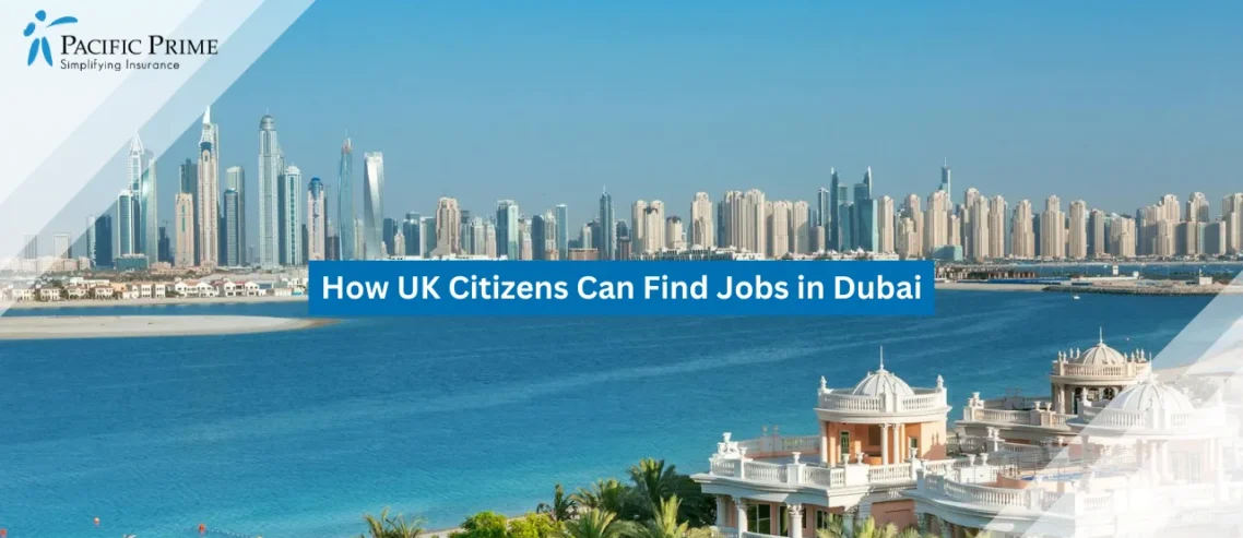 Image of Aerial View Of Dubai Marina Skyline With Palm Jumeirah with text overlay of "How UK Citizens Can Find Jobs in Dubai"