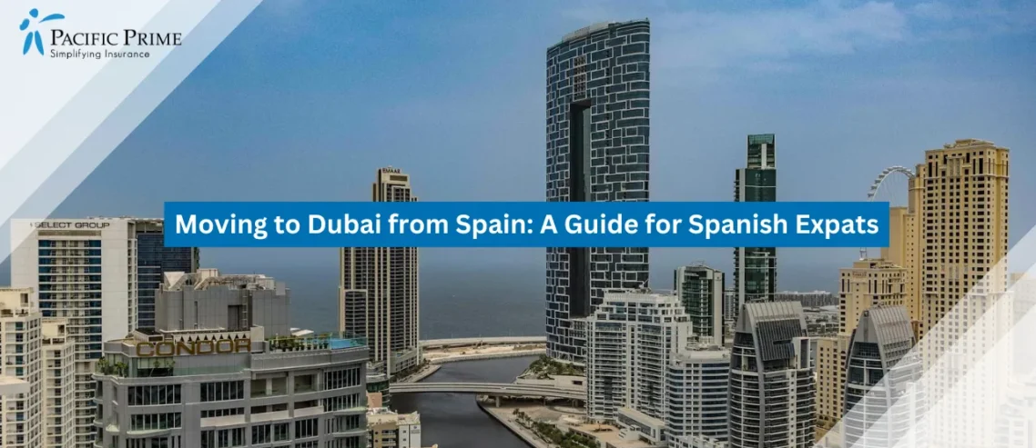 Image of Aerial View Of Dubai Marina Skyline With Waterfront Buildings with text overlay of "Moving to Dubai from Spain: A Guide for Spanish Expats"
