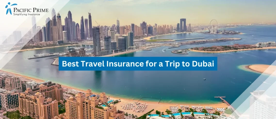 Image of Dubai Marina With City Skyline And Waterway with text overlay of "Best Travel Insurance for a Trip to Dubai"