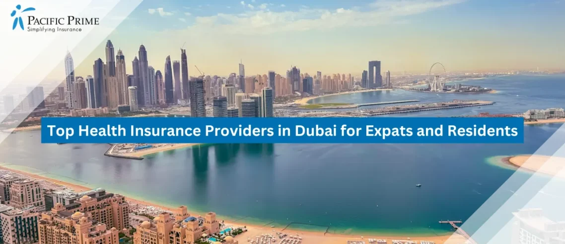 Image of Aerial View Of Dubai Marina With Modern Skyscrapers And Waterfront with text overlay of "Top Health Insurance Providers in Dubai for Expats and Residents"