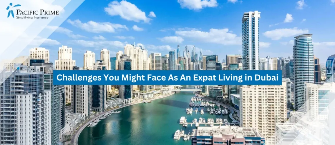 Image of Aerial View Of Dubai Marina With Riverfront Cityscape with text overlay of "Challenges You Might Face As An Expat Living in Dubai"