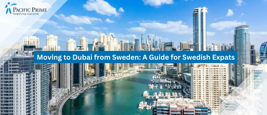 Image of Aerial View Of Dubai Marina With Waterways And Modern Skyscrapers with text overlay of "Moving to Dubai from Sweden: A Guide for Swedish Expats"