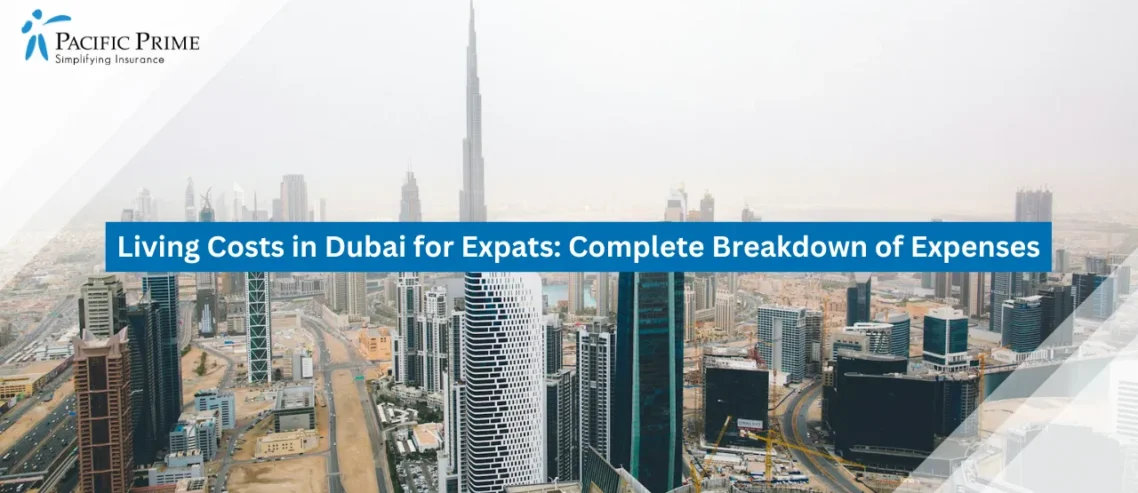Image of Aerial View Of Dubai Skyline Under Bright Daylight with text overlay of "Living Costs in Dubai for Expats: Complete Breakdown of Expenses"