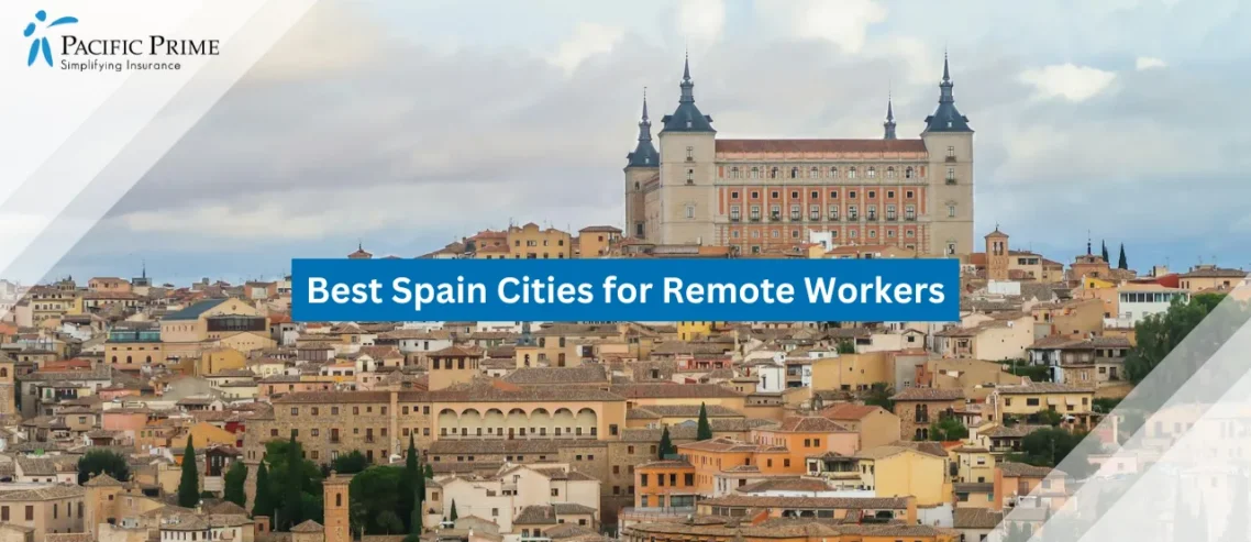 Image of Aerial View Of Historic Cityscape In Toledo, Spain with text overlay of "Best Spain Cities for Remote Workers"