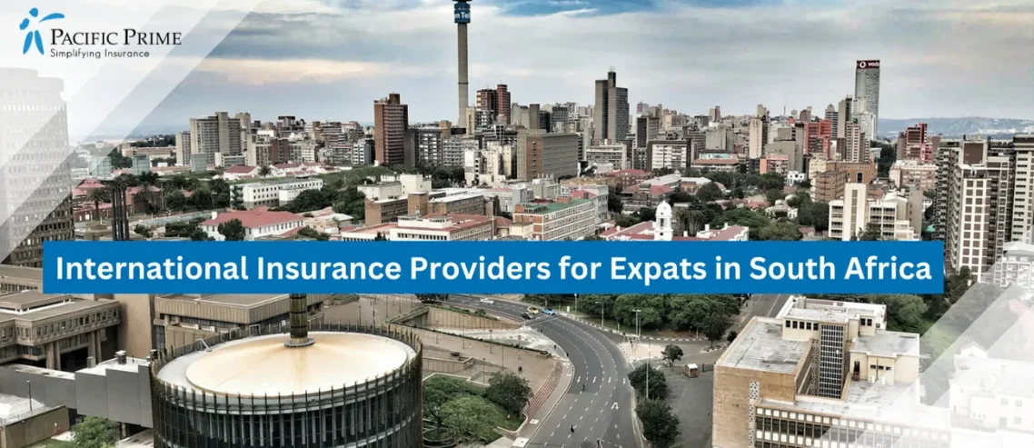 Image of Aerial View Of Johannesburg City Skyline During The Day In South Africa with text overlay of "International Insurance Providers for Expats in South Africa"