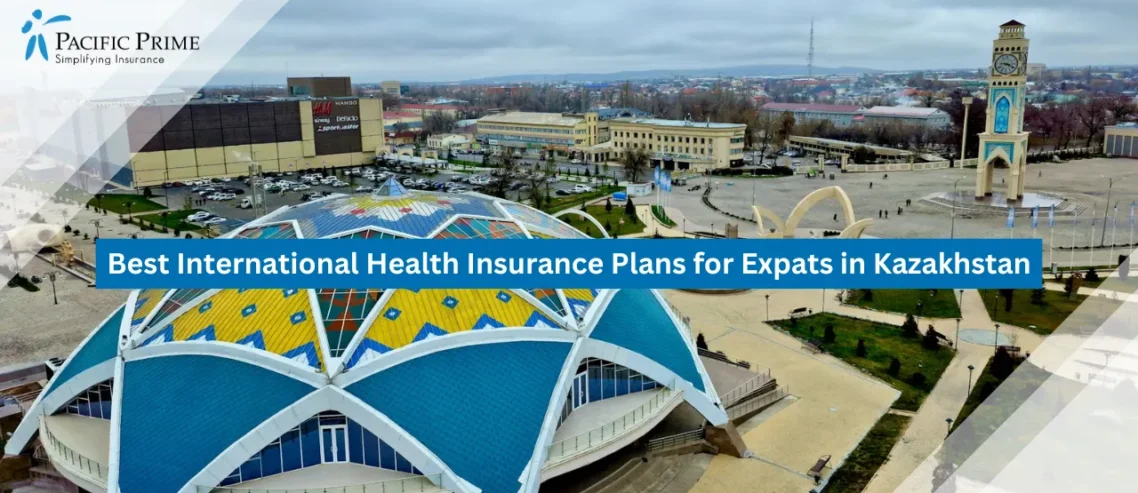 Image of Aerial View Of Kone Taraz Building With Colorful Roof with text overlay of "Best International Health Insurance Plans for Expats in Kazakhstan"