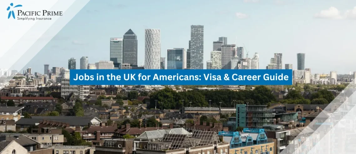 Image of Aerial View Of London City Buildings Under A Bright Sky with text overlay of "Jobs in the UK for Americans: Visa & Career Guide"