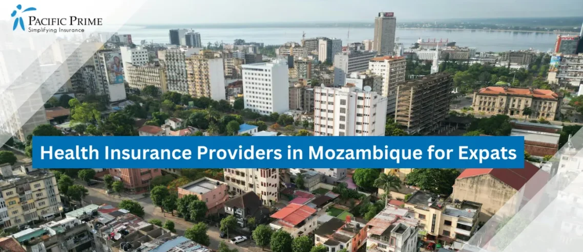 Image of Aerial View Of Maputo City Skyline In Mozambique with text overlay of "Health Insurance Providers in Mozambique for Expats"