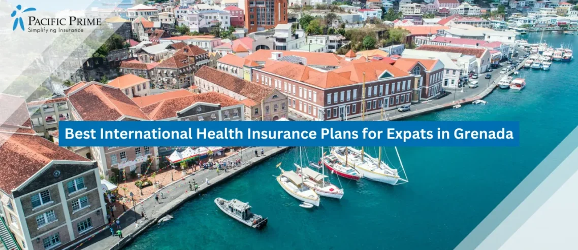 Image of Aerial View Of Saint George's Harbour In Grenada with text overlay of "Best International Health Insurance Plans for Expats in Grenada"