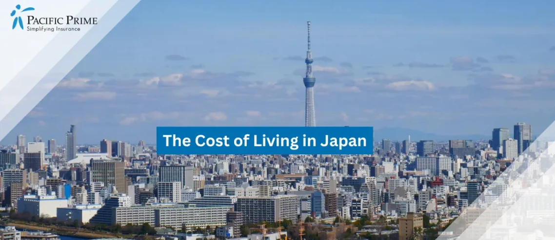 Image of Aerial View Of Tokyo Skyline With Tokyo Skytree On A Clear Day with text overlay of "The Cost of Living in Japan"
