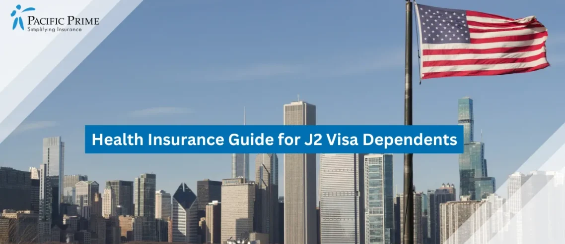 Image of American Flag Waving With Chicago City Skyline In The Background with text overlay of "Health Insurance Guide for J2 Visa Dependents"