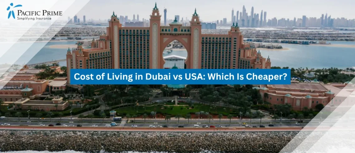 Image of Atlantis Hotel Along The Dubai Shoreline Under Clear Skies with text overlay of "Cost of Living in Dubai vs USA: Which Is Cheaper?"