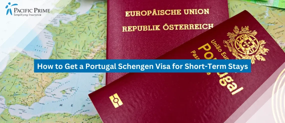 Image of Austrian And Portuguese Passports With Euros On European Map with text overlay of "How to Get a Portugal Schengen Visa for Short-Term Stays"