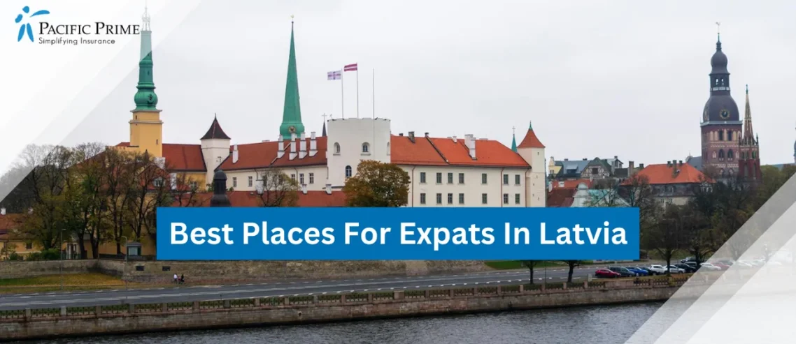 Image of Autumn View Of Riga's Daugava River & Historic Riga Castle, Latvia with text overlay of "Best Places For Expats In Latvia"