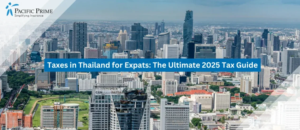 Image of Bangkok Cityscape Featuring King Power Mahanakhon Tower with text overlay of "Taxes in Thailand for Expats: The Ultimate 2025 Tax Guide"