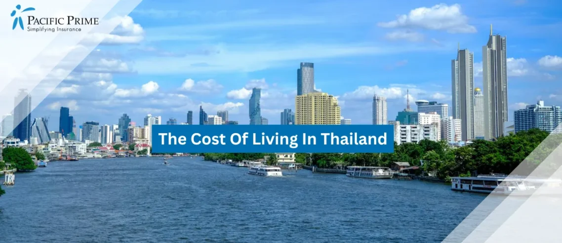 Image of Bangkok Skyline With View Of Chao Phraya River And City Buildings with text overlay of "The Cost Of Living In Thailand"