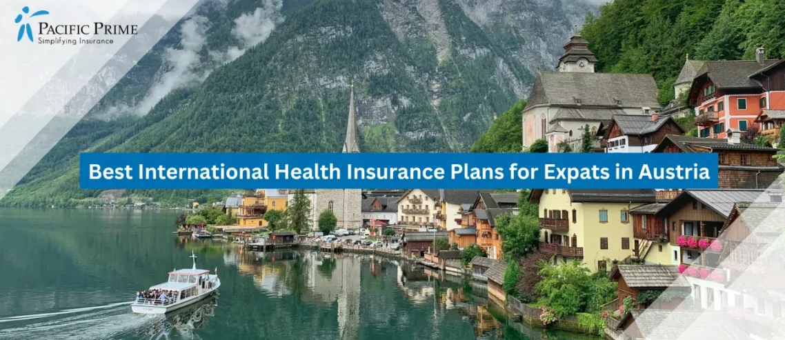 Image of Boat Arriving At Lakeside Dock In Hallstatt Austria with text overlay of "Best International Health Insurance Plans for Expats in Austria"