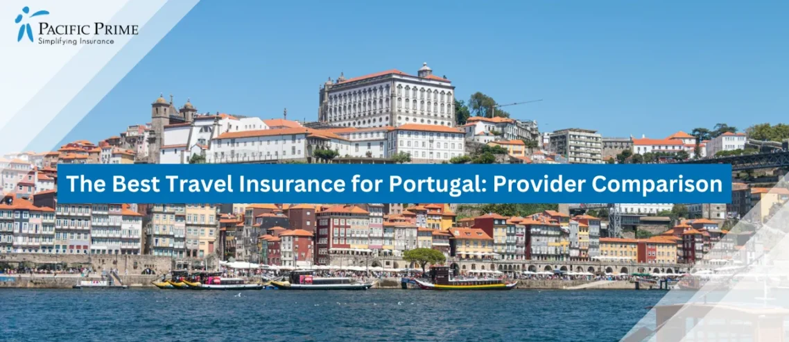 Image of Boat Cruising Near City Skyline In Porto, Portugal with text overlay of "The Best Travel Insurance for Portugal: Provider Comparison"
