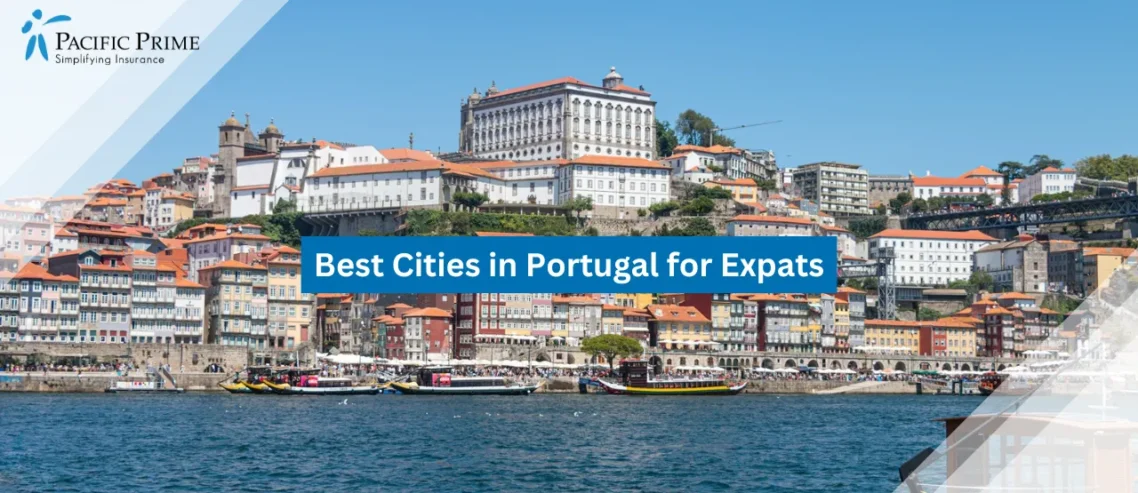 Image of Boat Floating On River With City Buildings In The Background, Porto with text overlay of "Best Cities in Portugal for Expats"