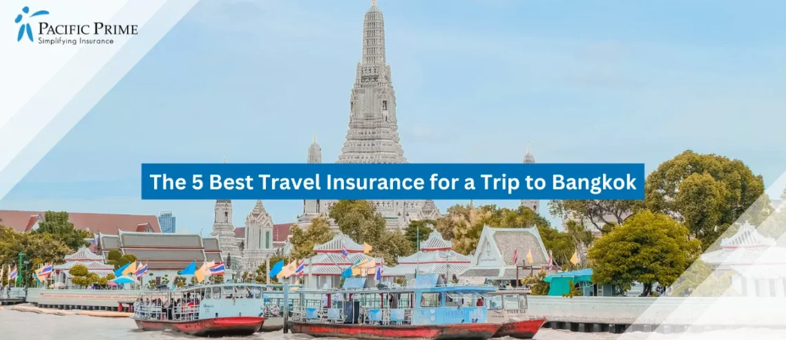 Image of Boat On River With City Buildings In Bangkok During Daytime with text overlay of "The 5 Best Travel Insurance for a Trip to Bangkok"