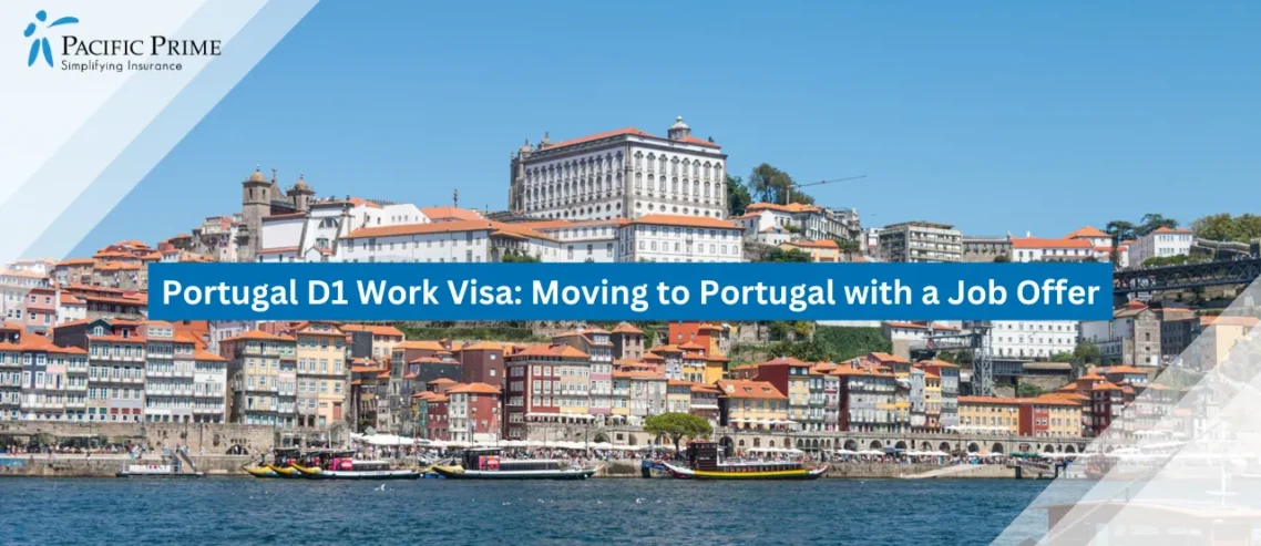 Image of Boat On The Douro River With Porto City Skyline In The Background with text overlay of "Portugal D1 Work Visa: Moving to Portugal with a Job Offer"