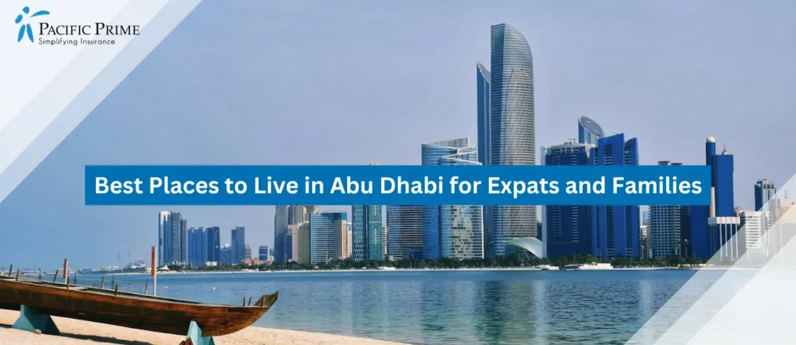 Image of Boat Resting On The Shore At Corniche Beach In Abu Dhabi with text overlay of "Best Places to Live in Abu Dhabi for Expats and Families"
