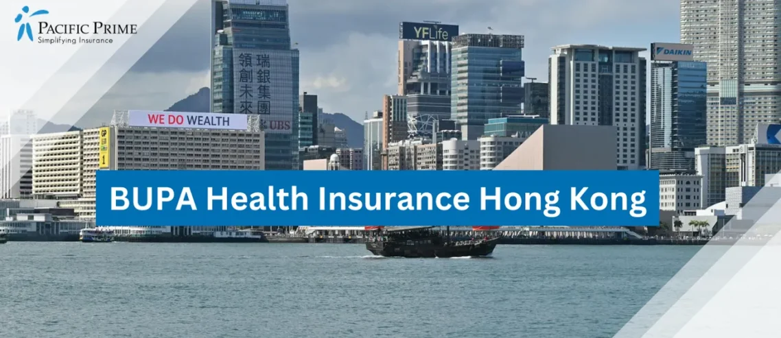 Image of Boat Sailing Near Tsim Sha Tsui Skyline, Hong Kong, China with text overlay of "BUPA Health Insurance Hong Kong"