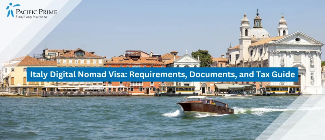Image of Boat Sailing Through Venice Waterways In Italy with text overlay of "Italy Digital Nomad Visa: Requirements, Documents, and Tax Guide"