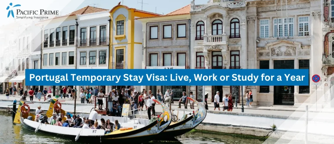 Image of Boat With Passengers Gliding Past Buildings In Aveiro, Portugal with text overlay of "Portugal Temporary Stay Visa: Live, Work or Study for a Year"