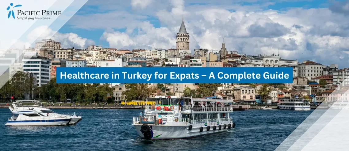 Image of Boats Crossing The Bosporus Strait With Istanbul Cityscape Backdrop with text overlay of "Healthcare in Turkey for Expats – A Complete Guide"