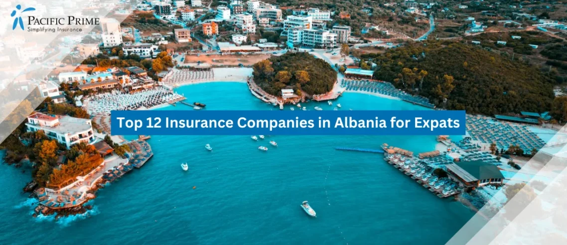 Image of Boats In Turquoise Bay At Ksamil With Coastal Buildings At Sunset with text overlay of "Top 12 Insurance Companies in Albania for Expats"