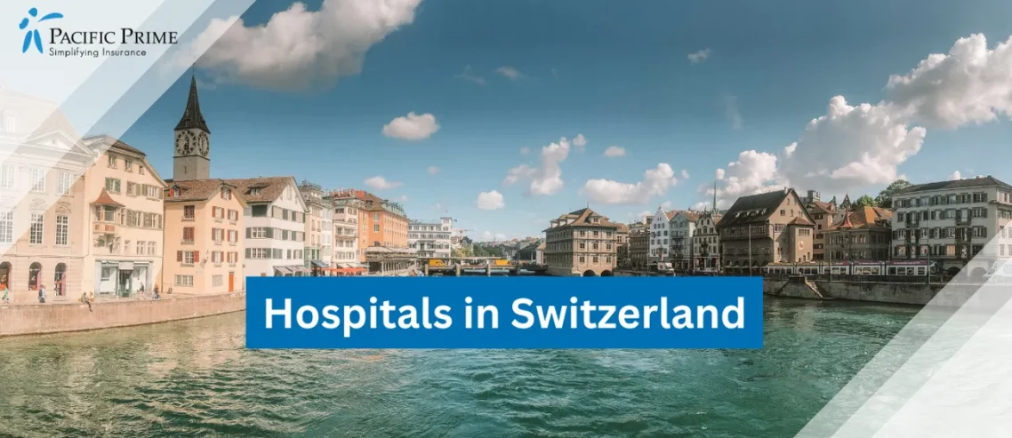 Image of Brown Buildings By The Calm Water In Zurich, Switzerland with text overlay of "Hospitals in Switzerland"