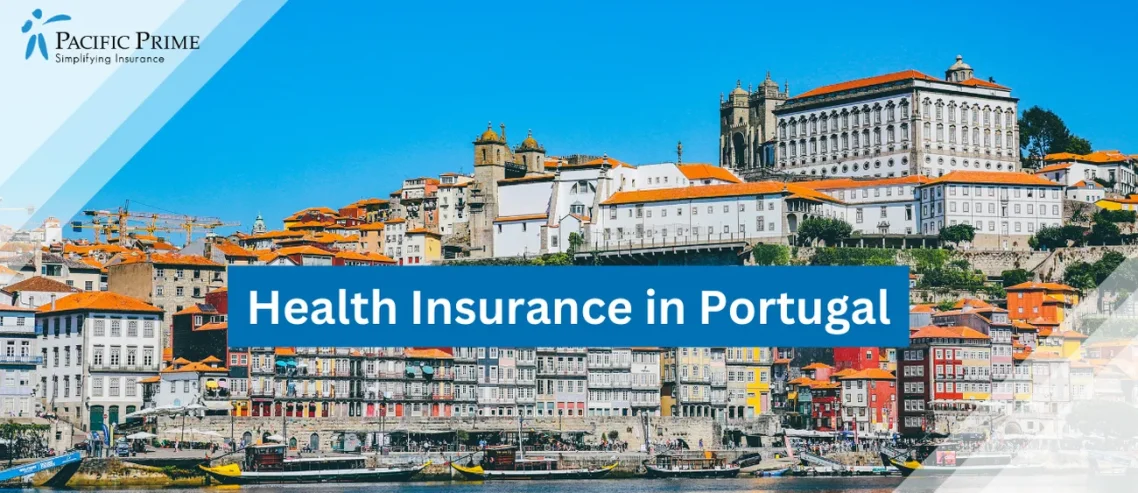 Image of Buildings By The Water In Porto, Portugal with text overlay of "Health Insurance in Portugal"