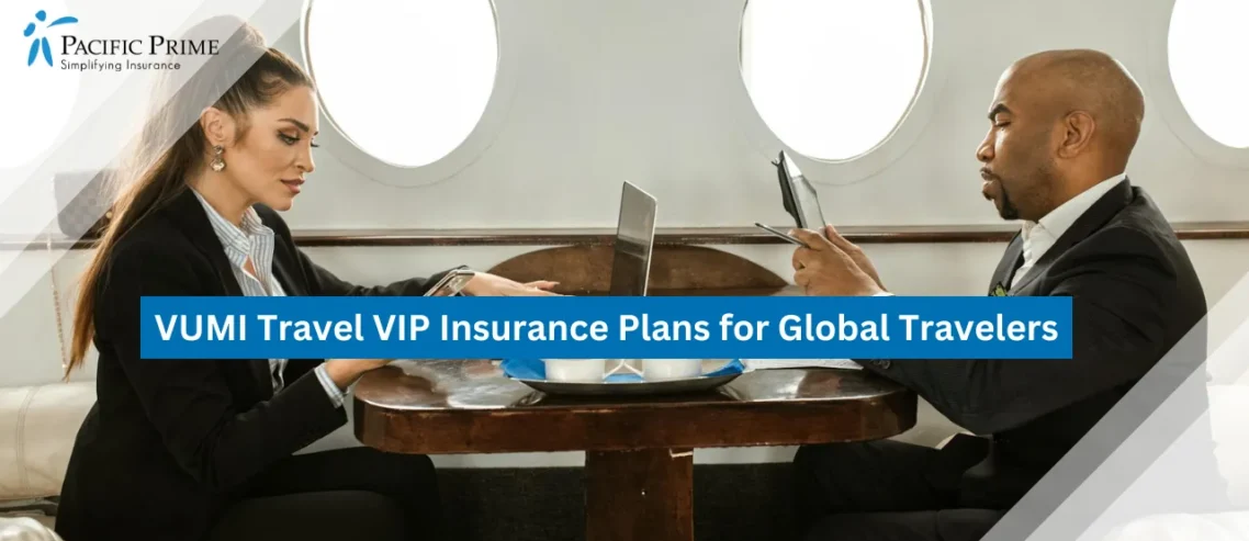 Image of Business Professionals Working On Laptops Inside An Airplane Cabin with text overlay of "VUMI Travel VIP Insurance Plans for Global Travelers"