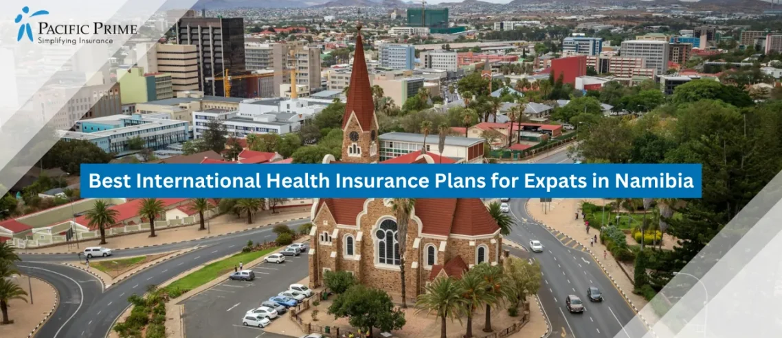 Image of Central Windhoek Cityscape View with text overlay of "Best International Health Insurance Plans for Expats in Namibia"
