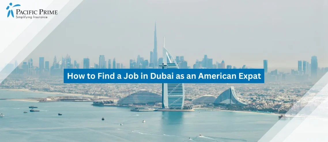 Image of City Skyline Of Downtown Dubai With Water In The Foreground with text overlay of "How to Find a Job in Dubai as an American Expat"