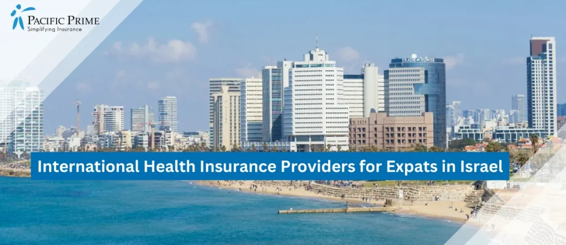 Image of City Skyline Of Tel Aviv Across The Blue Sea Under A Clear Sky, Israel with text overlay of "International Health Insurance Providers for Expats in Israel"