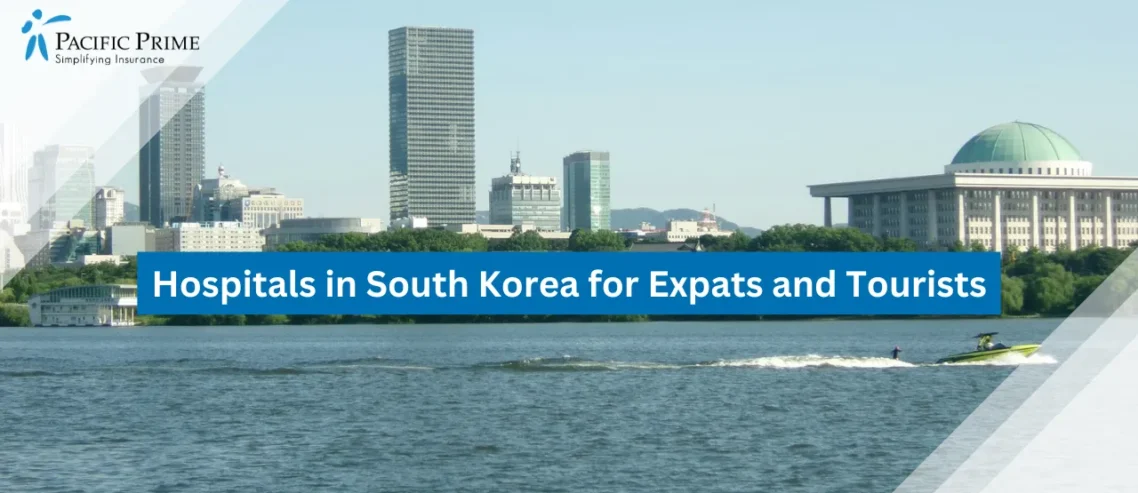 Image of City Skyline Reflected On A Lake In Seoul, South Korea with text overlay of "Hospitals in South Korea for Expats and Tourists"