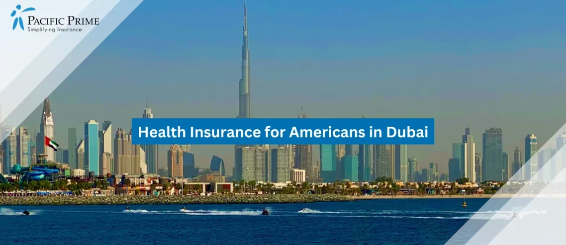 Image of City View Across The Water In Dubai At Dusk with text overlay of "Health Insurance for Americans in Dubai"