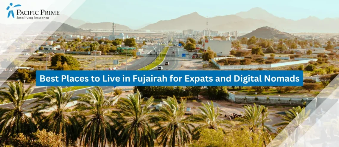 Image of Cityscape Of Fujairah With Palm Trees And Mountains In The Background with text overlay of "Best Places to Live in Fujairah for Expats and Digital Nomads"