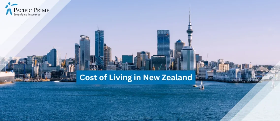 Image of Clear Day View Of Auckland City Skyline In New Zealand with text overlay of "Cost of Living in New Zealand"