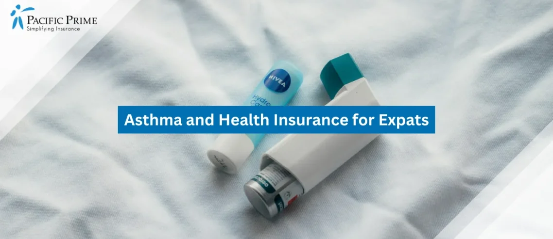 Image of Close-up Of A Blue Asthma Inhaler On Surface with text overlay of "Asthma and Health Insurance for Expats"