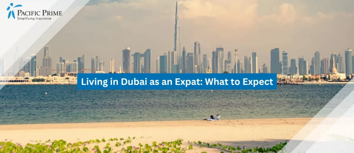 Image of Clouds Over Dubai Skyline With Sea View with text overlay of "Living in Dubai as an Expat: What to Expect"