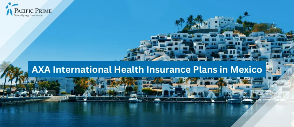 Image of Coastal Cityscape With Buildings By The Water In Manzanillo, Mexico with text overlay of "AXA International Health Insurance Plans in Mexico"